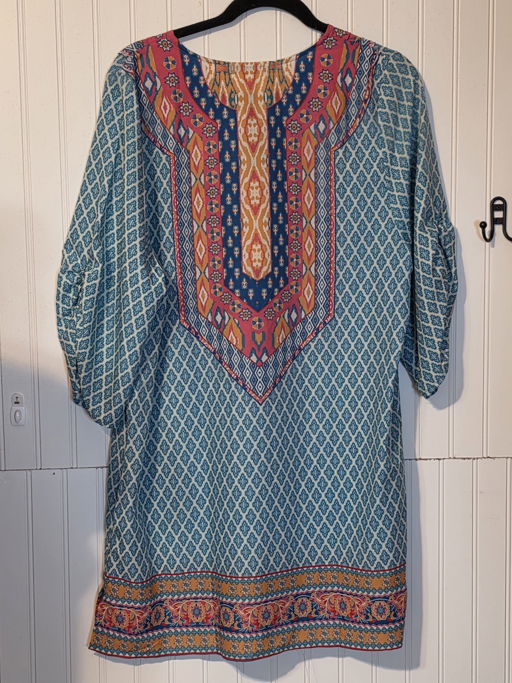 NWT Boho Print Teal Tunic with Multicolor Yoke Sz LG
